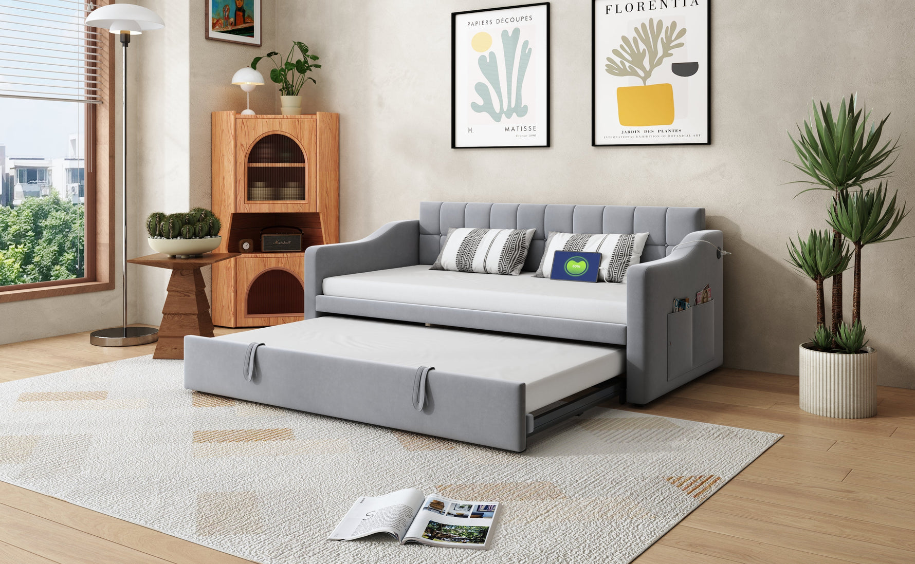 Upholstered Bed Sofa, 2-in-1 Multifunctional with Socket & Storage Bag, Light Grey Velvet
