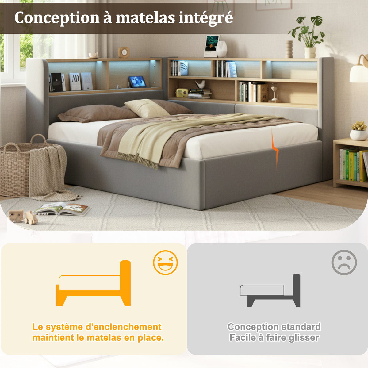 Daybed 140x190cm with Hydraulic Storage, LED & USB, Grey Velvet