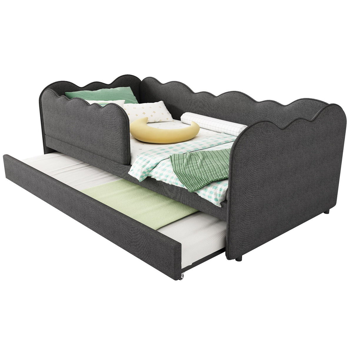 Upholstered Daybed Sofa Bed with Pull-Out Bed 90x190cm Slatted Base, Linen Grey