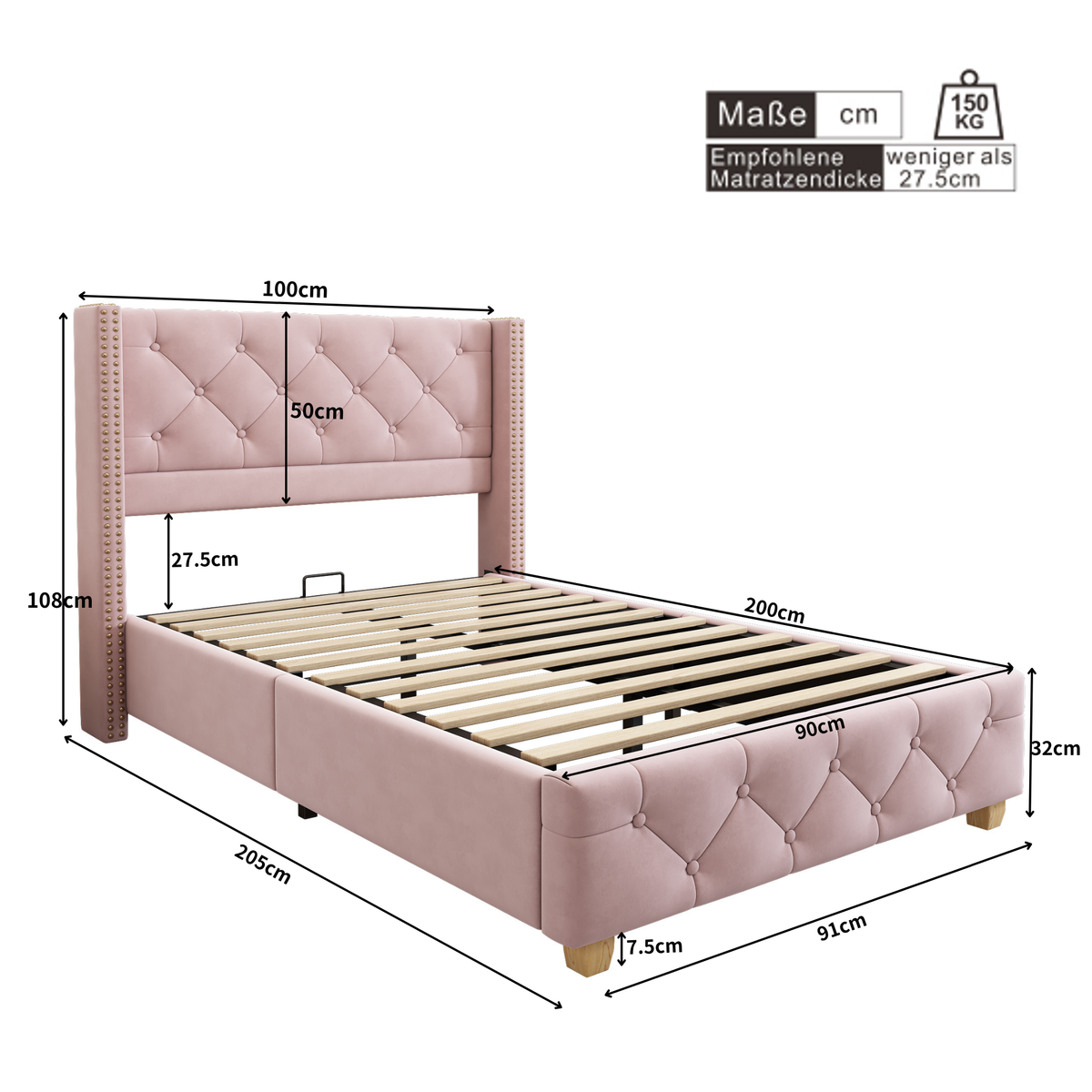 Upholstered Bed 90x200cm Headboard Button Studded Slatted Frame - Velvet Pink