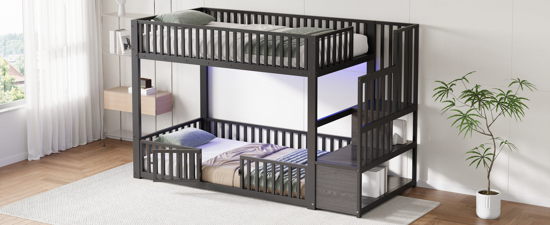 Bunk Bed with Storage Ladder and LED, 90x200cm, Black Metal