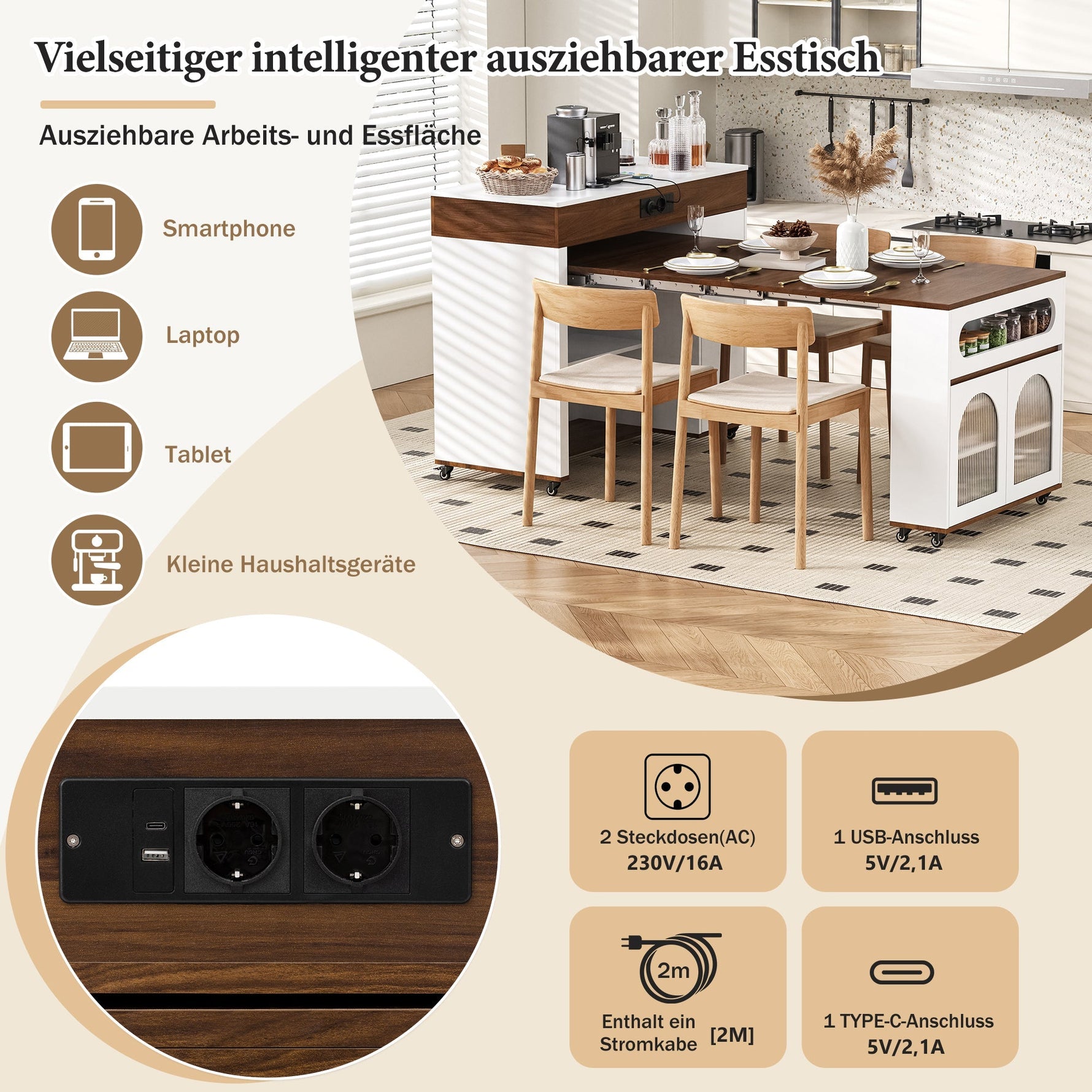 Kitchen Island Mobile Extendable Table Power Strips Ribbed Glass Storage - White/Walnut