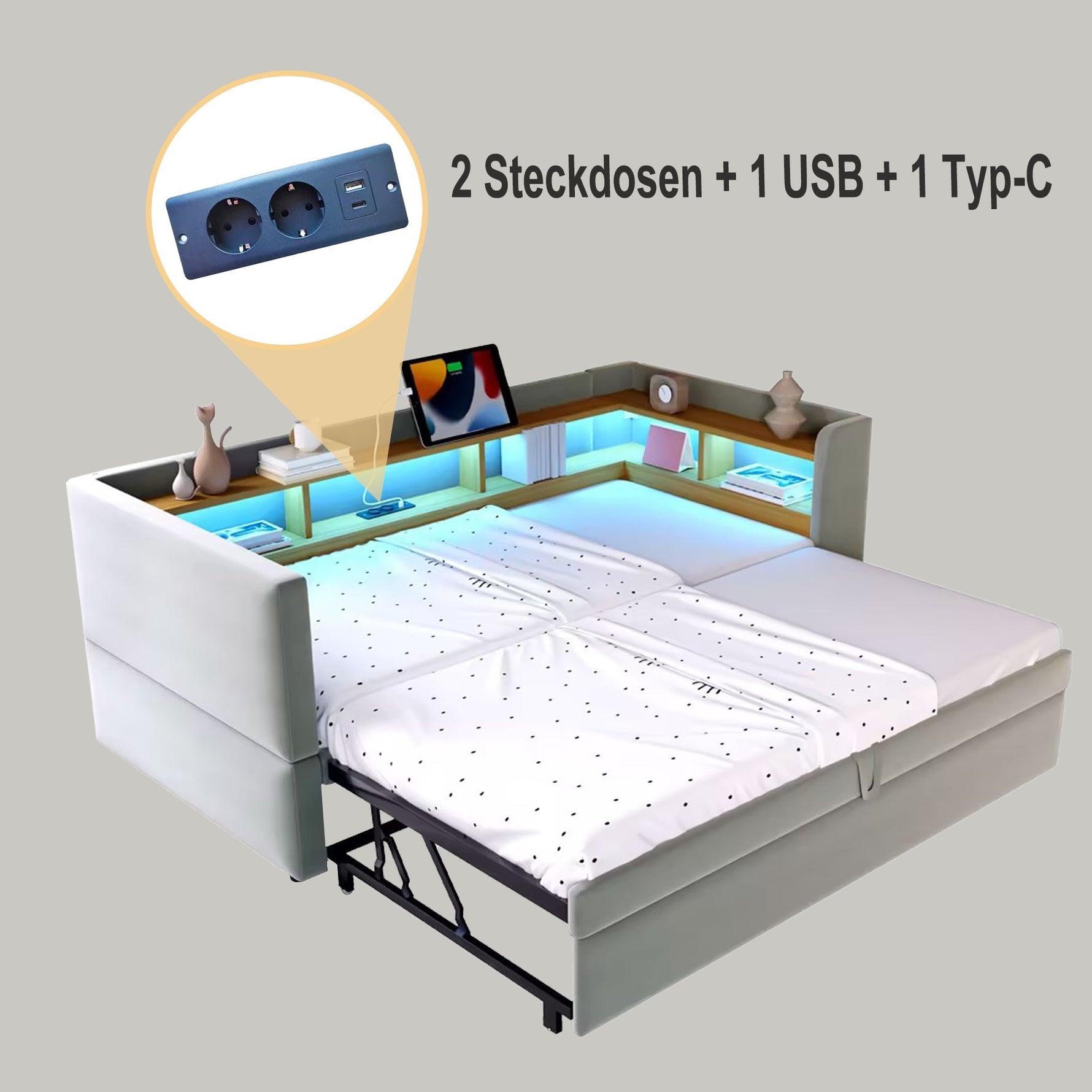 Upholstered Sofa Bed Extendable 90/180x190cm LED Lights Storage Light Grey
