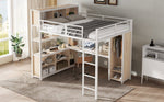 Iron Loft Bed, Double Storage, Wardrobe, White & Natural Iron