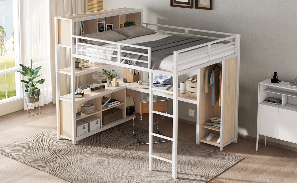 Iron Loft Bed, Double Storage, Wardrobe, White & Natural Iron