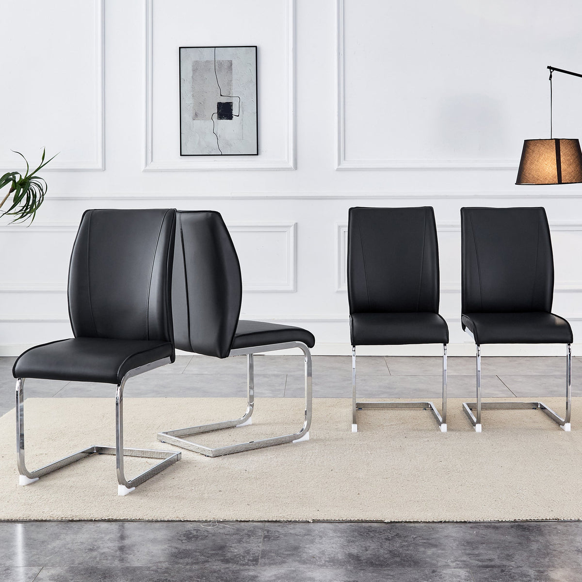 Chairs (Set of 4), Comfortable with Silver Metal Legs, Black PU