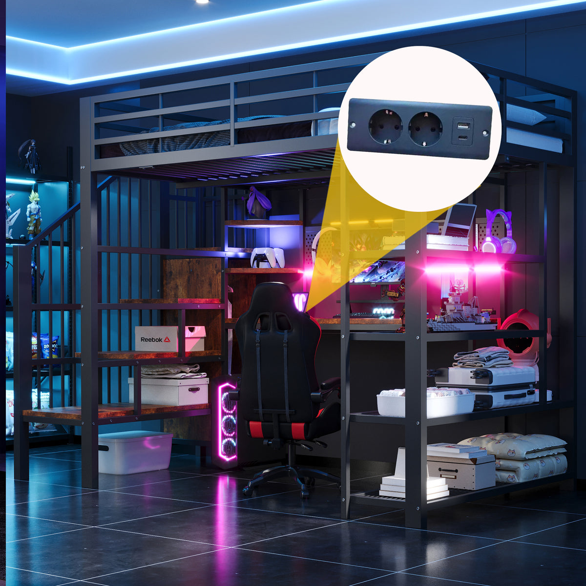 Iron Loft Bed 140x200cm with Desk, Pegboard & LED, Black