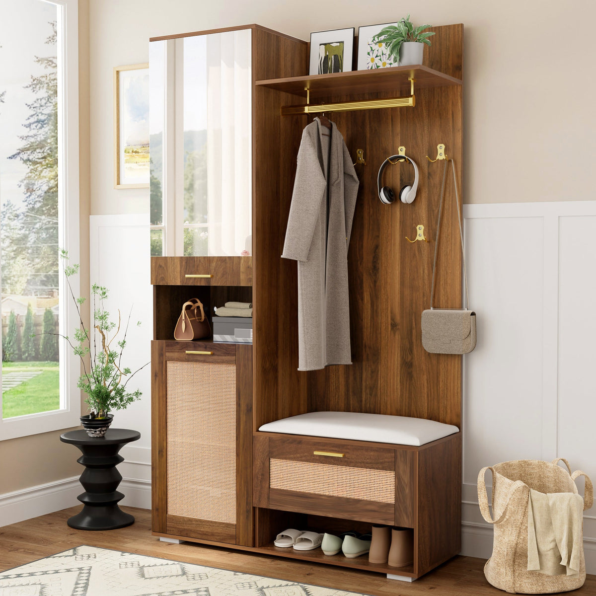 Wardrobe Set Mirror Shoe Cabinet Bench 6 Hooks - 16-Color LED Lighting