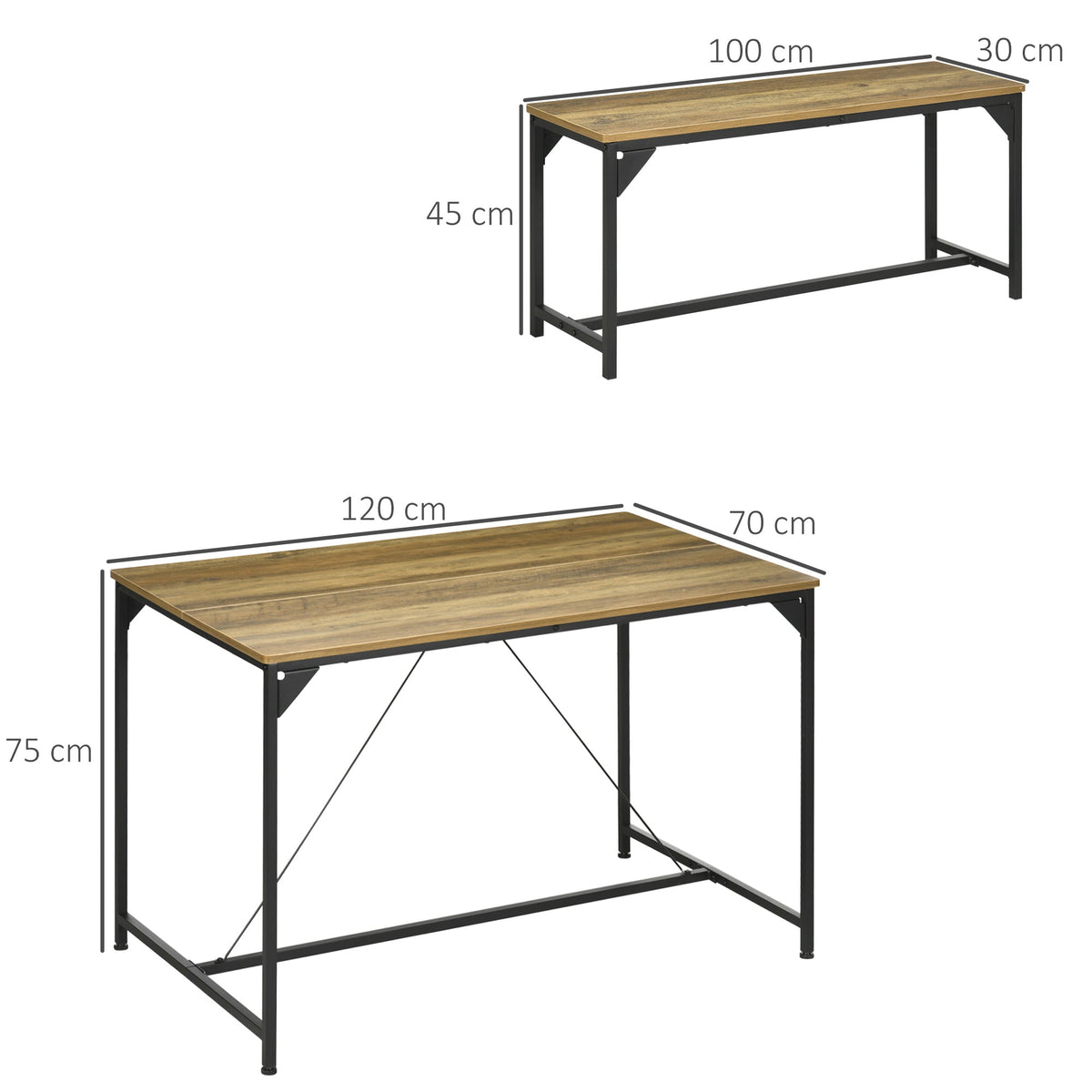 Dining Set, Industrial Design 3-Piece 4 People, Natural Wood