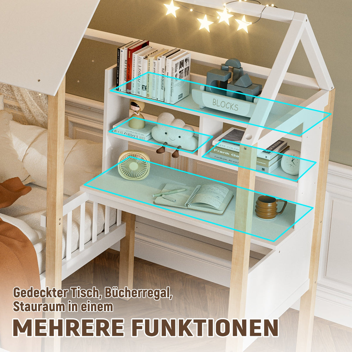 Children's House Bed 90x200cm Multifunctional Desk Bookshelf Drawers Solid Wood White