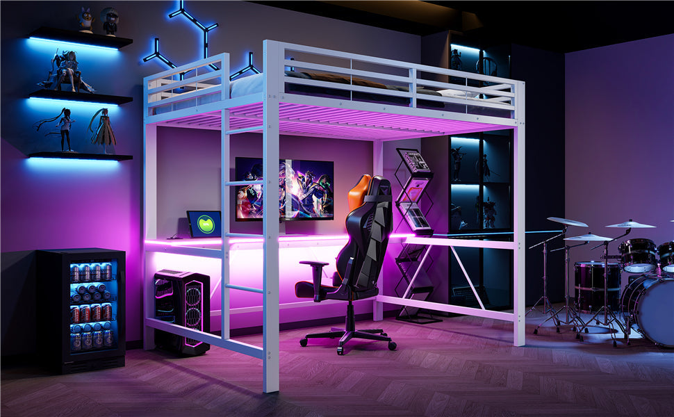 Gaming Metal Loft Bed Frame with LED Lighting, USB Charging Station and Desk, White