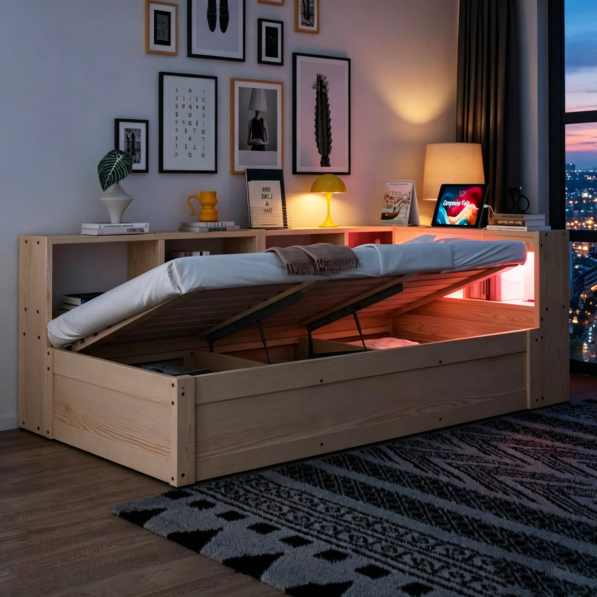 Sofa Bed 90x200cm with Hydraulic Storage & LED, Wood Color
