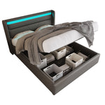 Hydraulic Storage Bed with LED Lighting and Remote Control, 160x200cm, Grey Upholstered Bed Frame