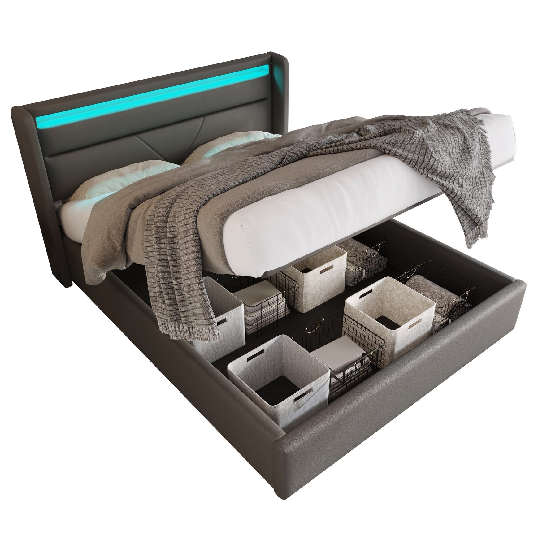 Hydraulic Storage Bed with LED Lighting and Remote Control, 160x200cm, Grey Upholstered Bed Frame