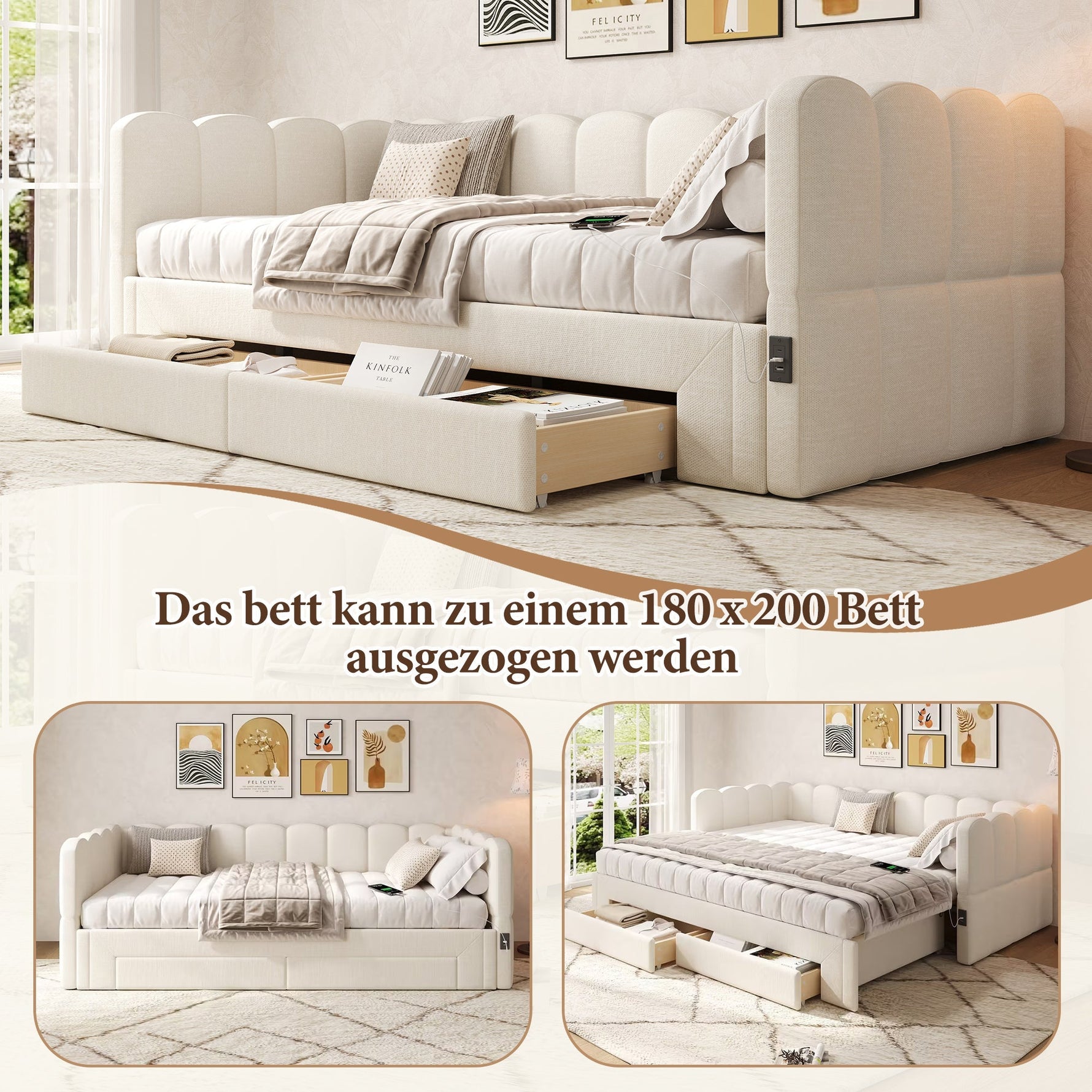 Upholstered Daybed Sofa Bed Extendable 90x200cm Storage Drawers USB Port Beige Linen
