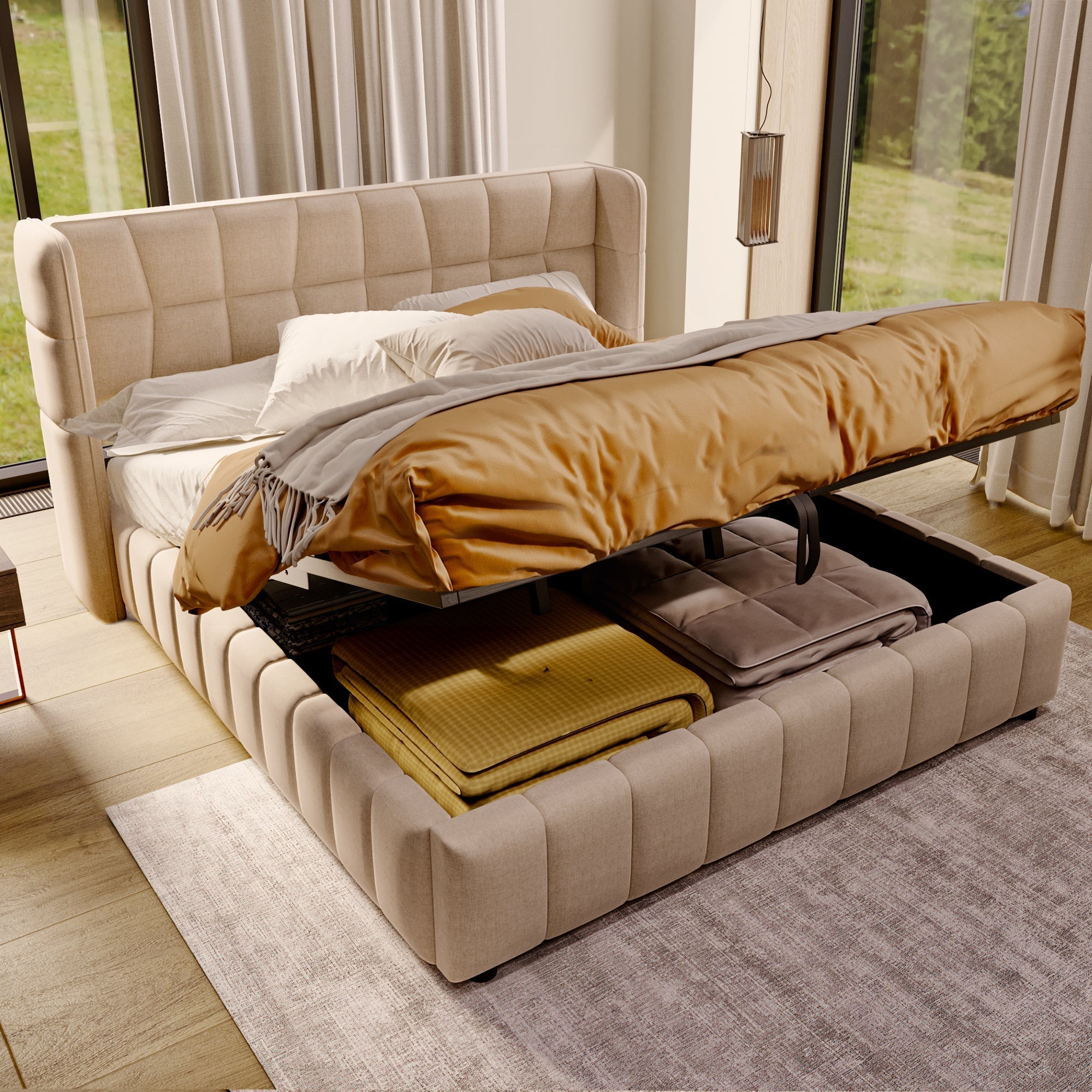 Upholstered Bed 180x200cm Pneumatic Storage Slatted Frame - Beige Linen