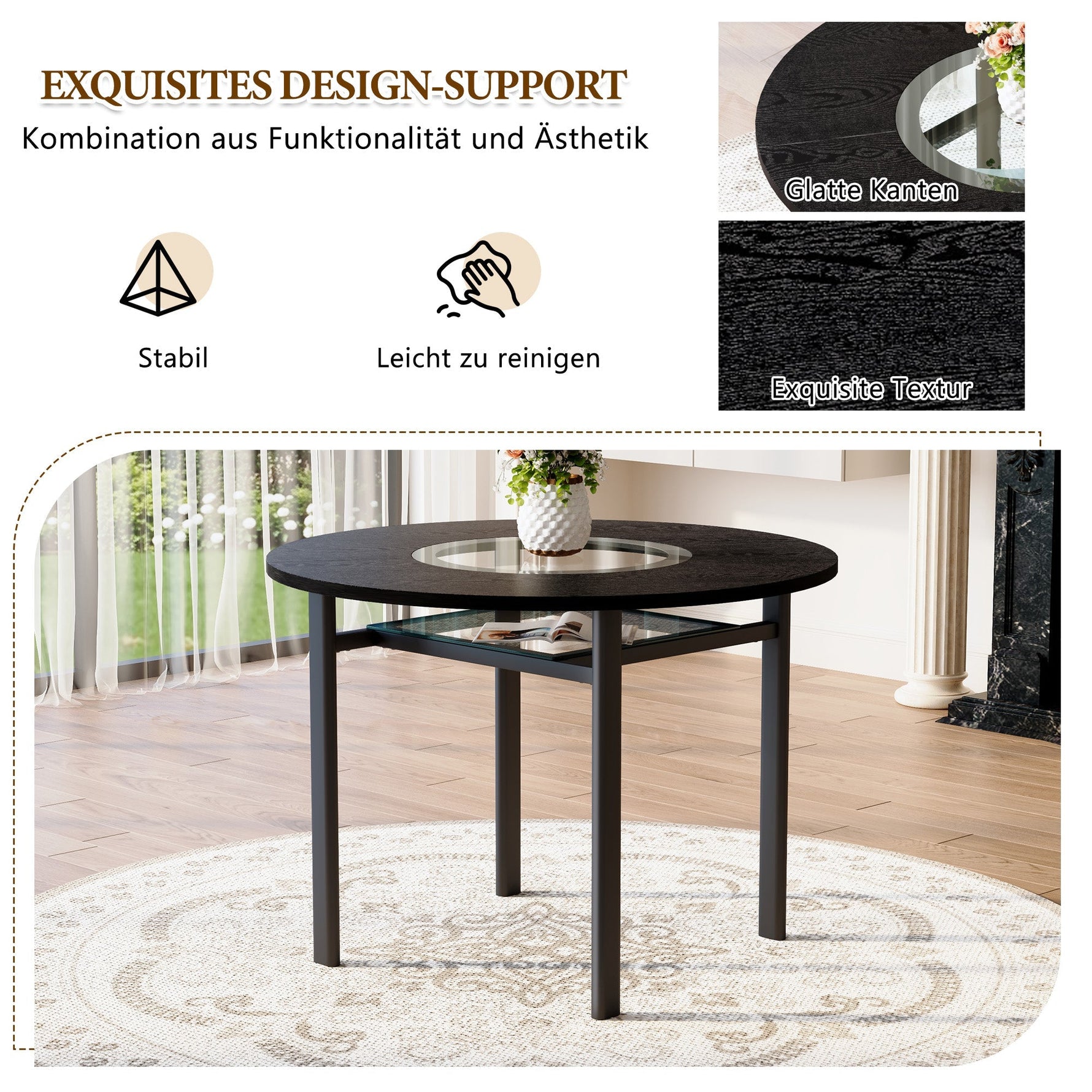 Round Table Set Modern Minimalist 100cm 4 Armchairs - Black/Light Grey PU