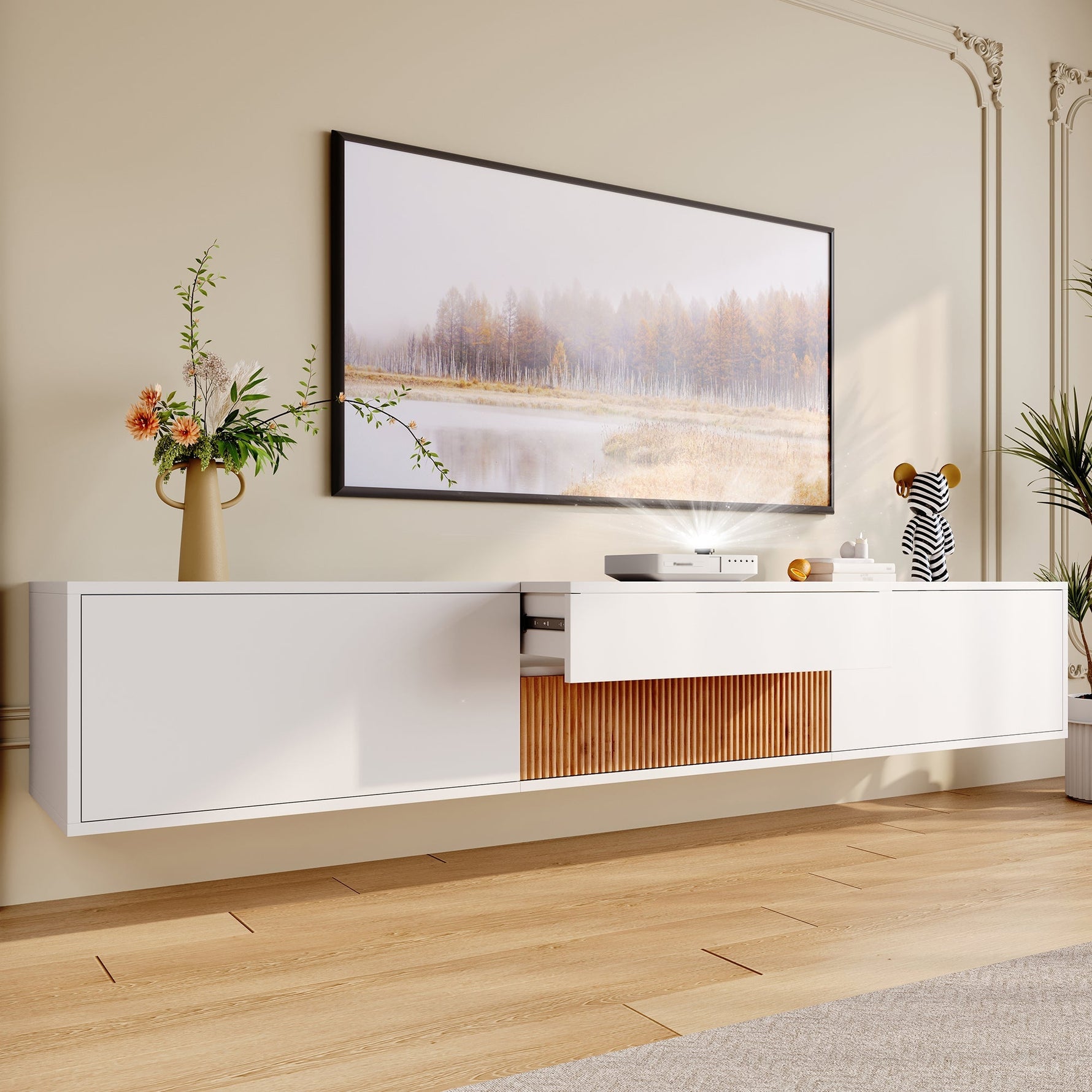 Modern Low TV Stand 180x34x30cm Unique Projector Design