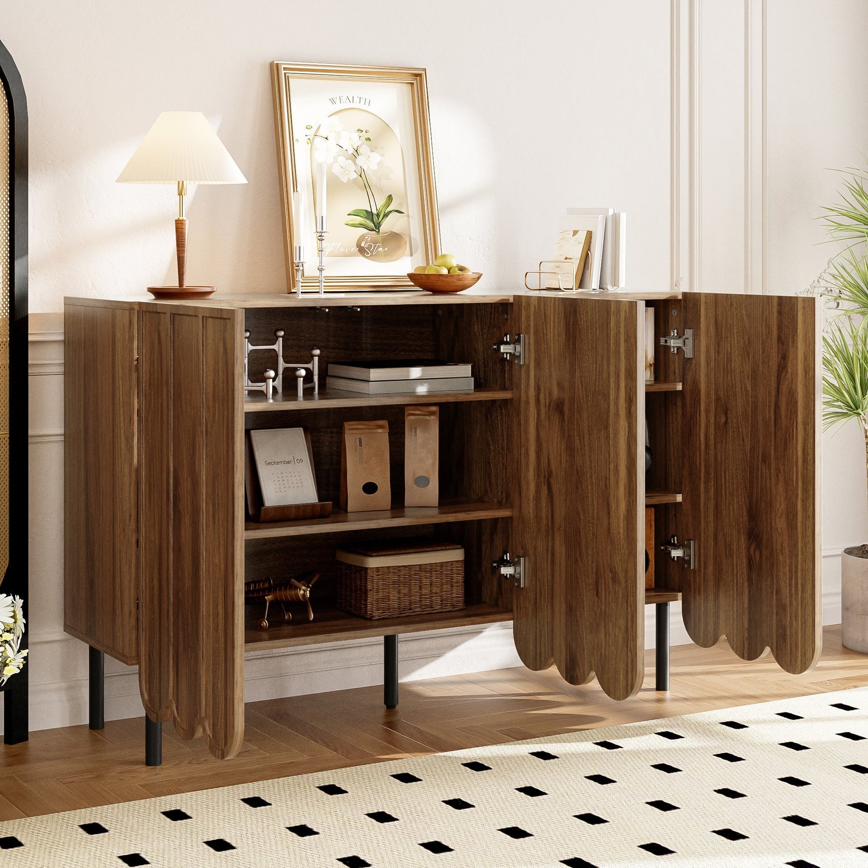 Sideboard - Wave Doors, Handleless, Adjustable Shelves, 120x35x80 cm - Wood