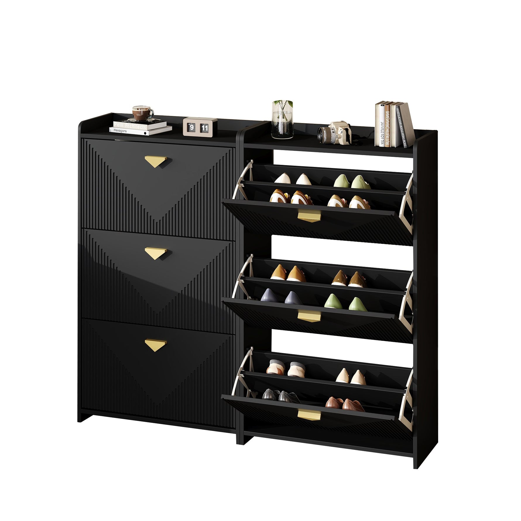 Shoe Cabinet with 6 Drop-Down Doors and Adjustable Width, Two-Piece Set, Black MDF
