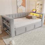 Upholstered Bed, Multifunctional Sofa Bed 90/180×190 cm, LED, Storage, Light Grey