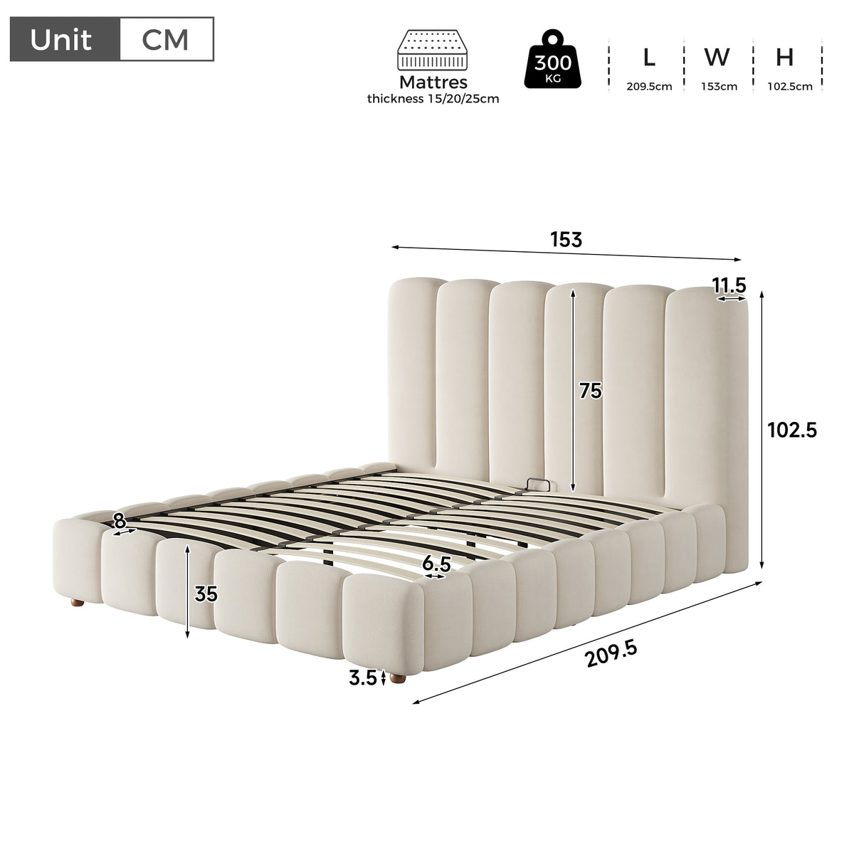 Upholstered Hydraulic Bed 140x190cm with Storage, Beige Velvet