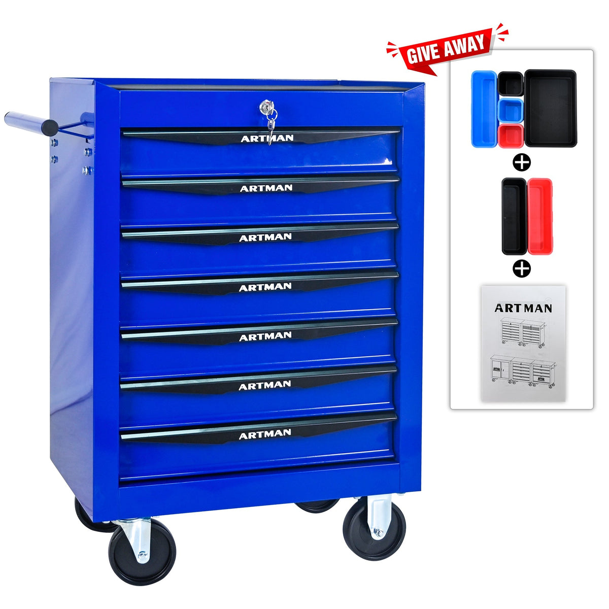 Rolling Tool Cabinet with 7 Drawers, Ball Bearing Slides, Steel Black & Blue