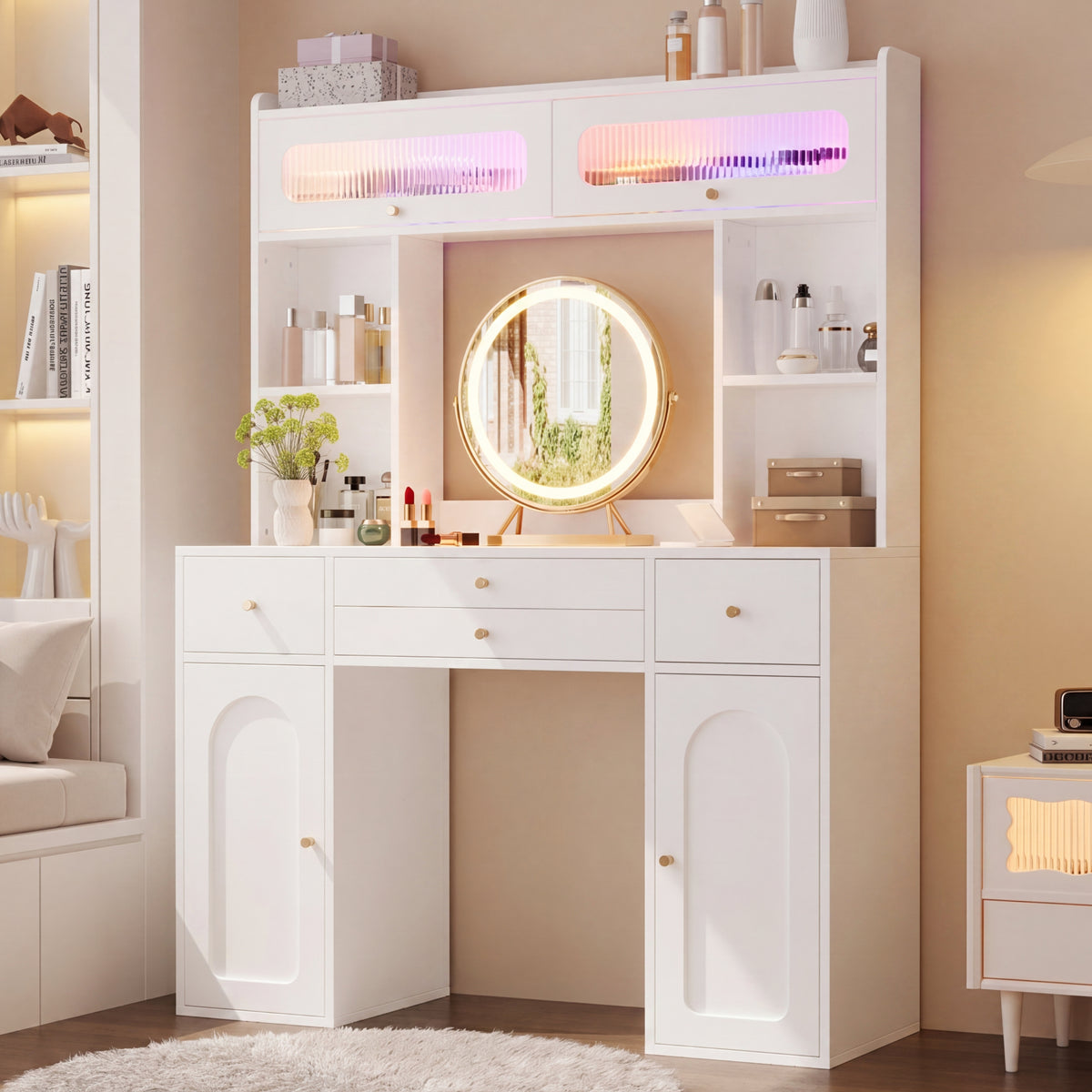 LED Dressing Table with Mirror & Storage Drawers, White