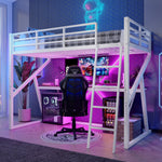 Loft Bed 90x200cm with Desk, LED & Stairs, White Iron Frame