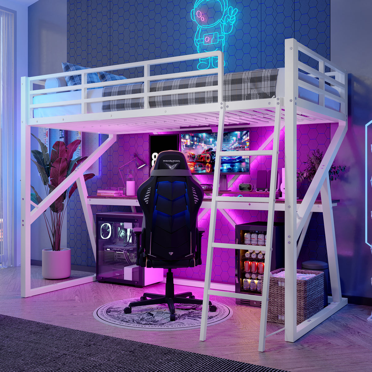 Loft Bed 90x200cm with Desk, LED & Stairs, White Iron Frame