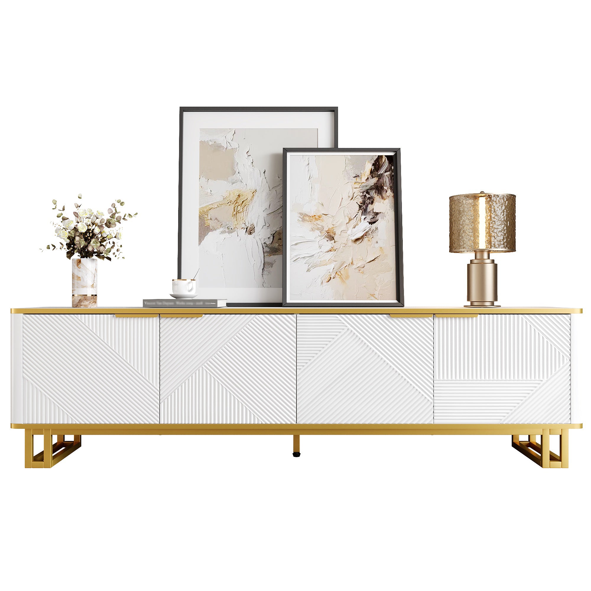 TV Cabinet Four Doors Geometric Texture 160x37.5x48cm White