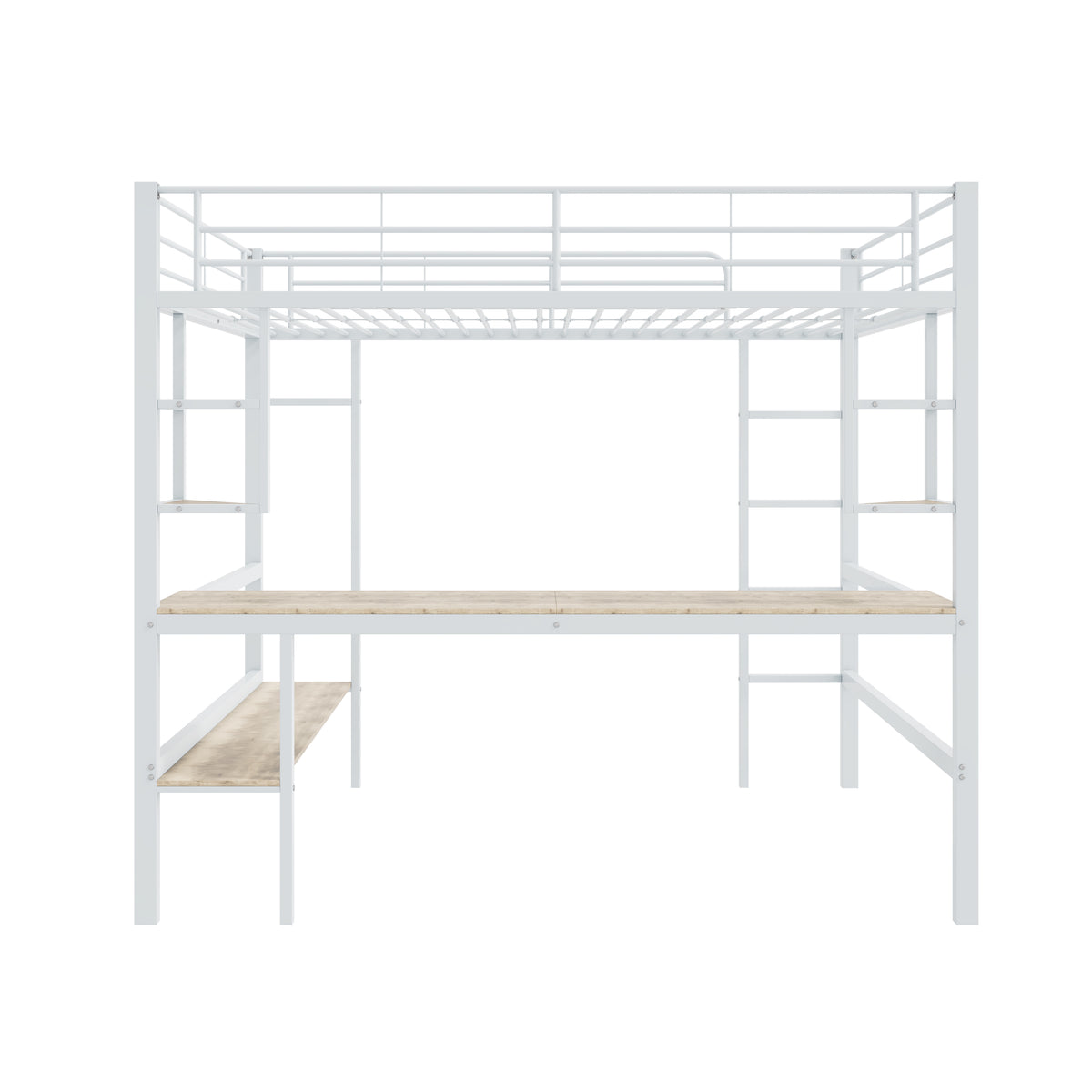 Loft Bed 140x200cm Frame with Desk & Shelves, White Metal