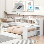 Daybed with Desk and USB Charging Port, 90 x 200 cm with 2 Drawers and Storage Shelves, White Chipboard