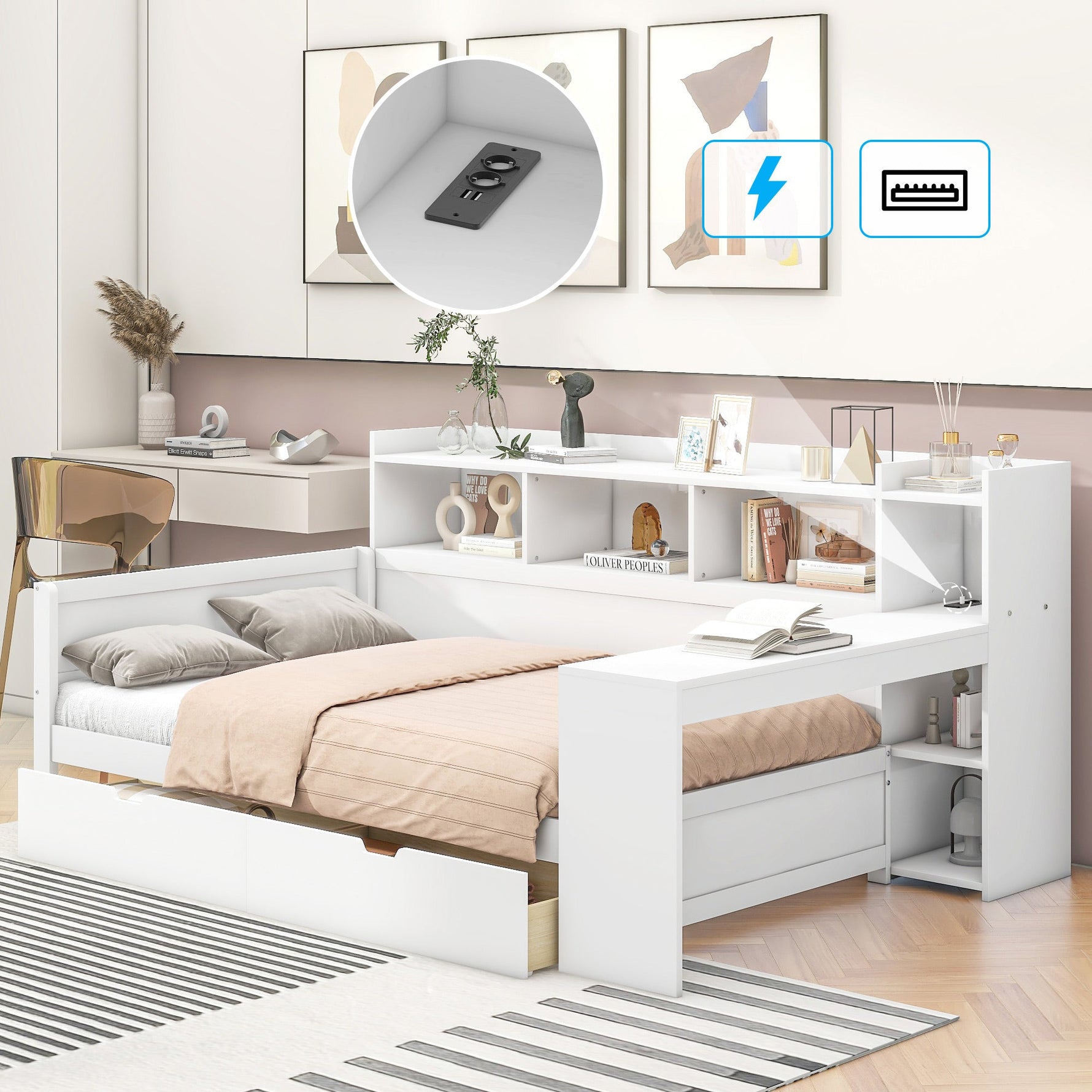 Daybed with Desk and USB Charging Port, 90 x 200 cm with 2 Drawers and Storage Shelves, White Chipboard