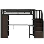 Loft Bed 90x200 cm with Desk, Storage & LED, Black Iron Frame
