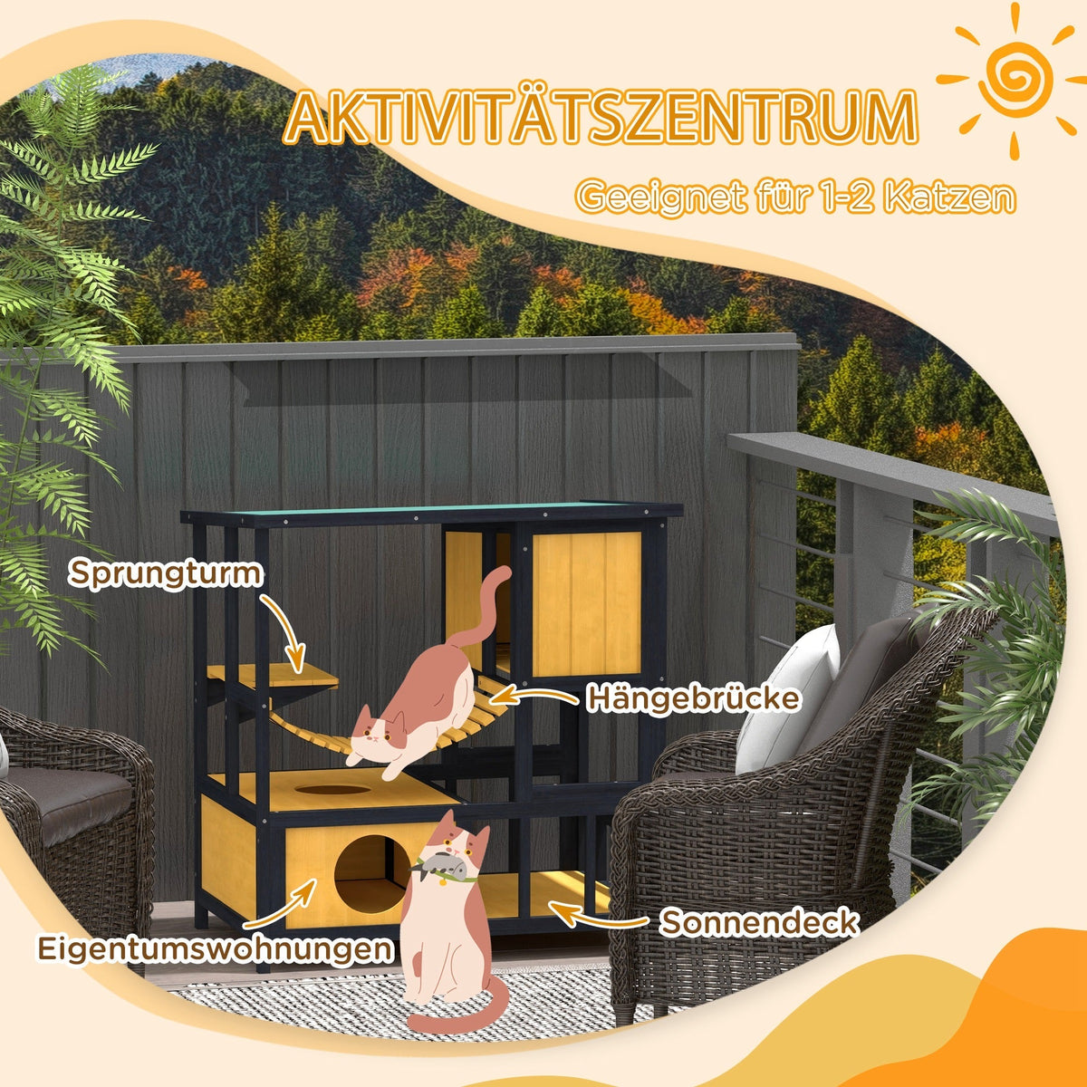 Cat House with Hanging Bridge & Balcony, Waterproof, Yellow Wood