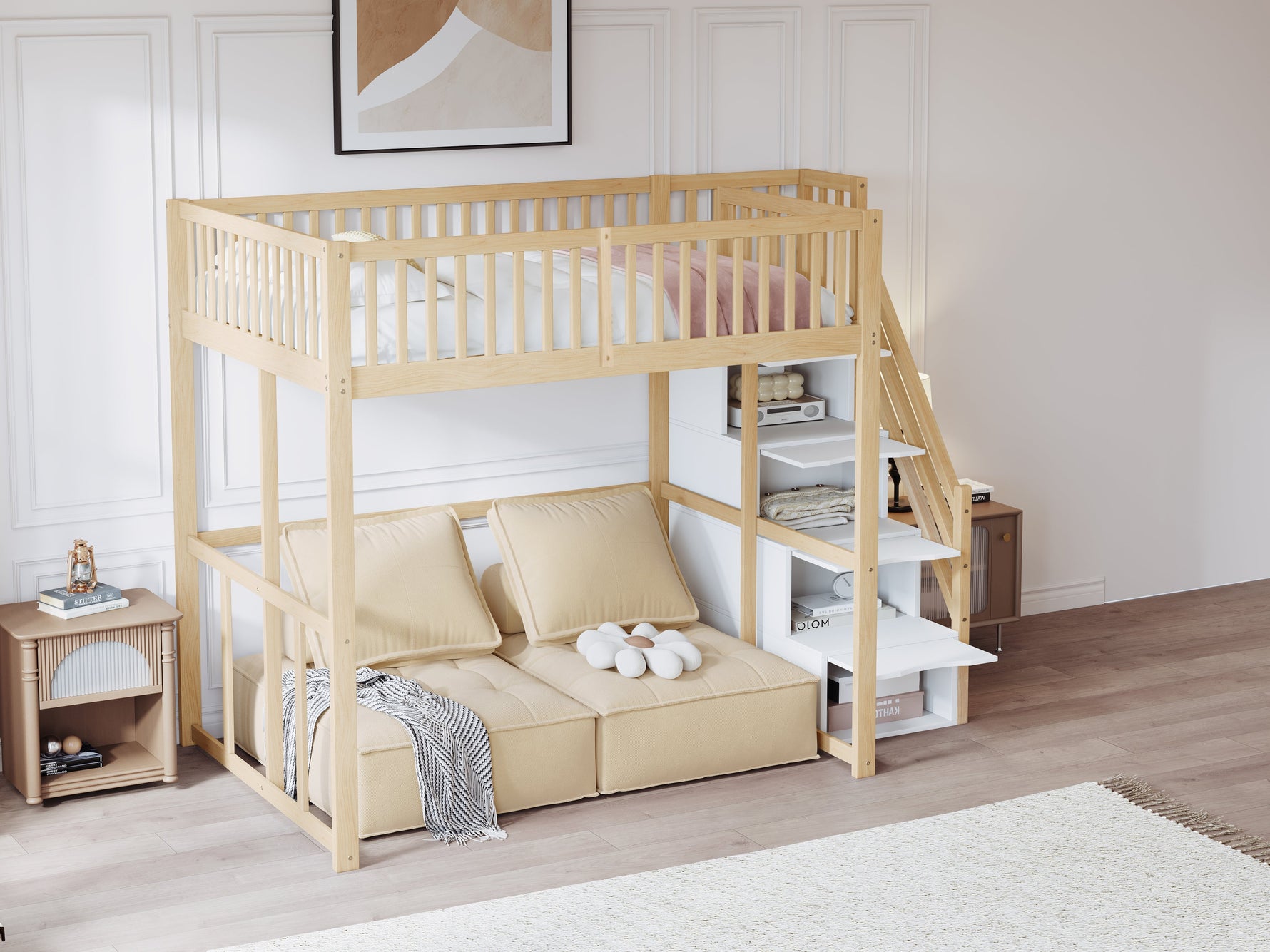 Loft Bed 140x200cm with Safety Ladder Railing & Storage Solid Pine Wood Color