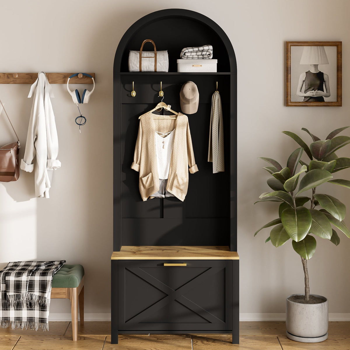 Multifunctional Wardrobe with Shoe Rack, Shelf & Hooks - Hall Tree, Durable MDF Body