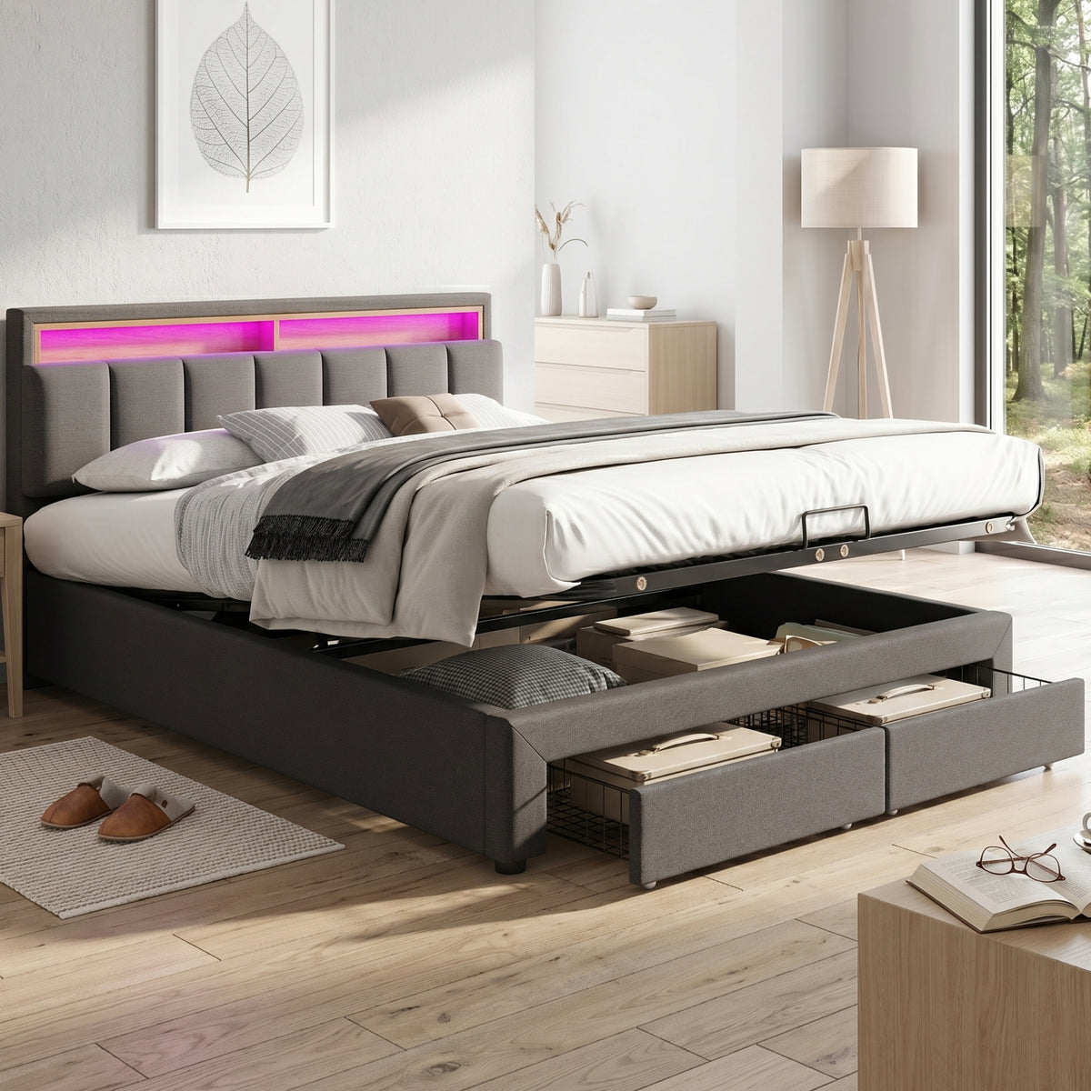 Upholstered Bed 180x200cm with Hydraulic Storage & LED, Grey Linen