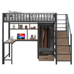 Metal Loft Bed 140x200cm Desk Wardrobe Drawers Storage Ladder LED Charging Black