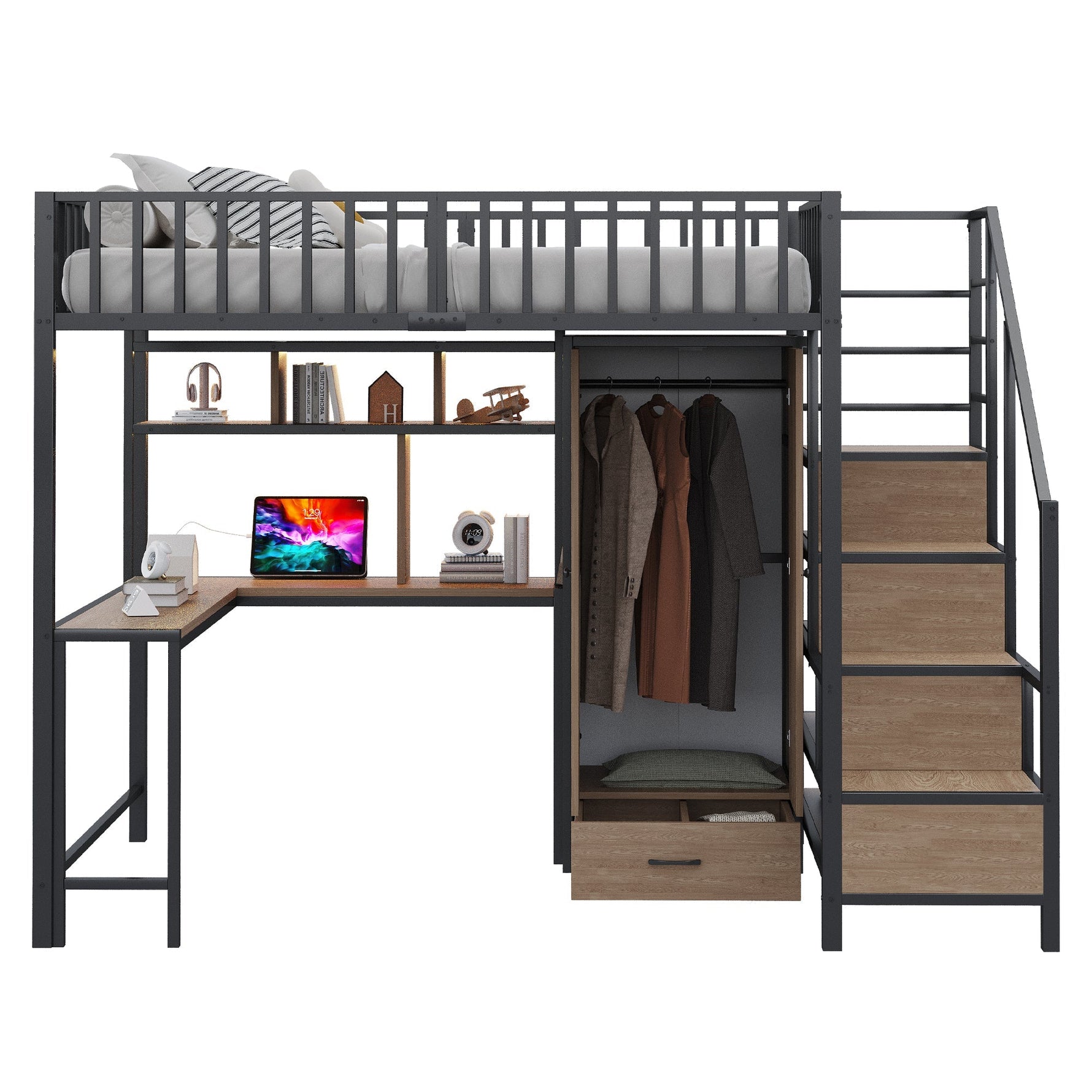 Metal Loft Bed 140x200cm Desk Wardrobe Drawers Storage Ladder LED Charging Black