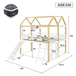Children's House Loft Bed 90x200cm with Slide, White & Natural Wood