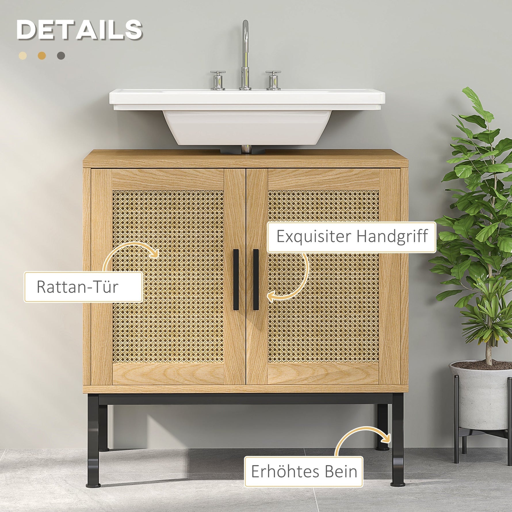 kleankin Vanity Unit, Rattan Look, Anti-Tip Protection, Oak