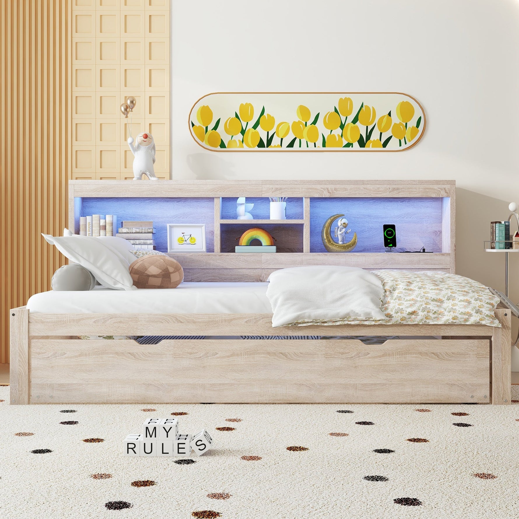 Daybed with Pull-Out Bed, LED Lights and USB Port, Natural Finish