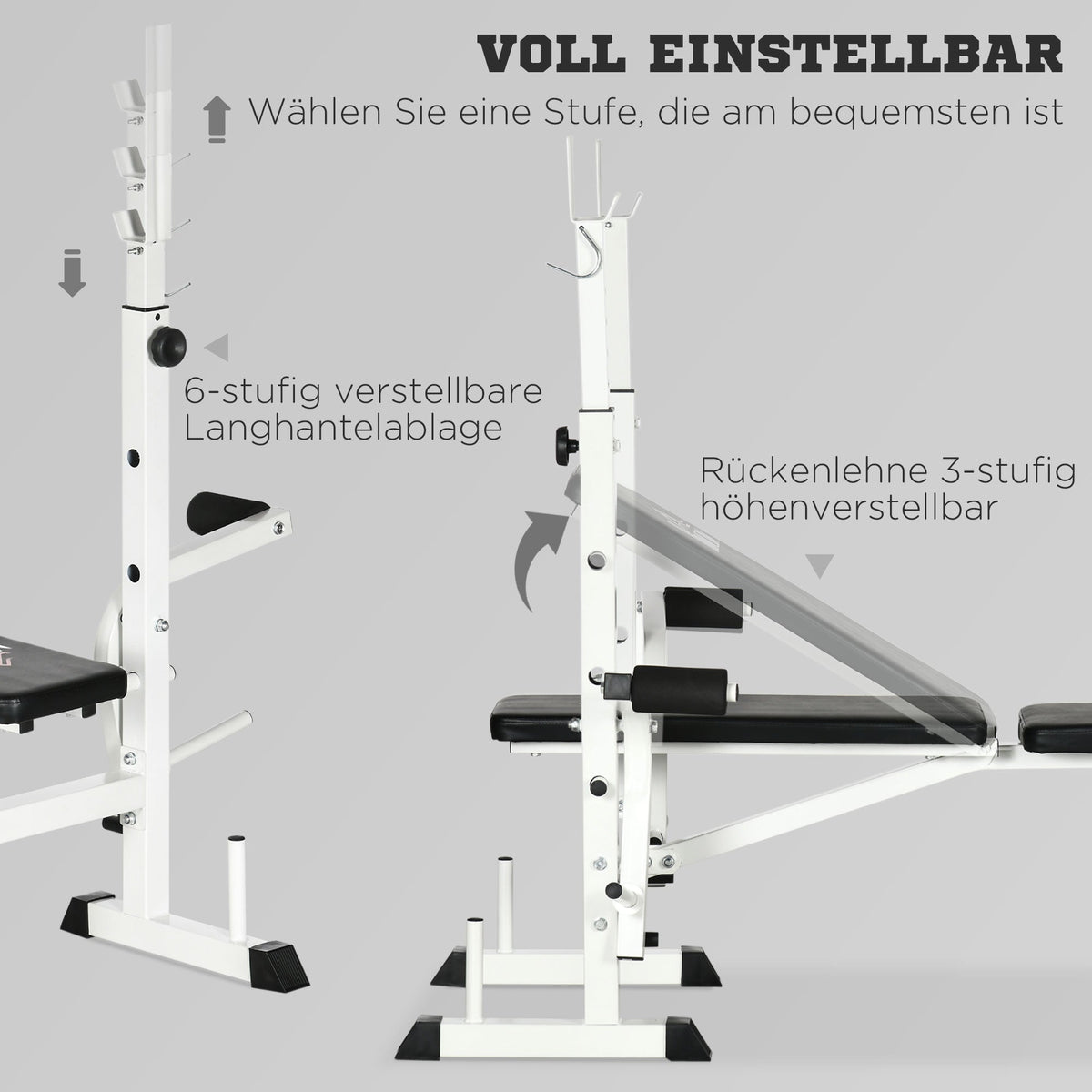 Weight Bench with Leg Press, Barbell Rack, and Armrests, Black and White