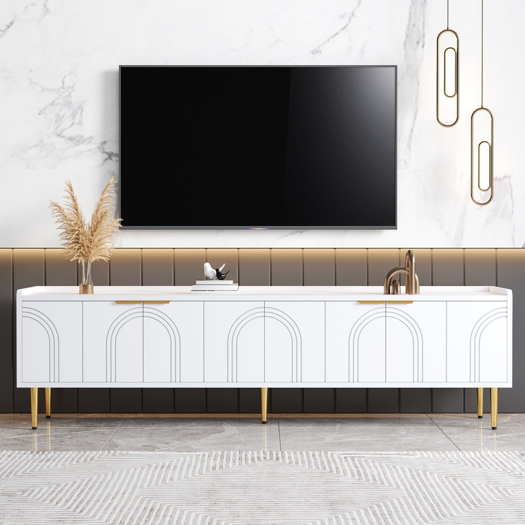 TV Cabinet Lowboard 170cm Textured Door Gold Handles/Feet