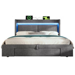 Upholstered Bed 140x200cm Hydraulic Storage Headboard LED USB/USB-C Linen Grey