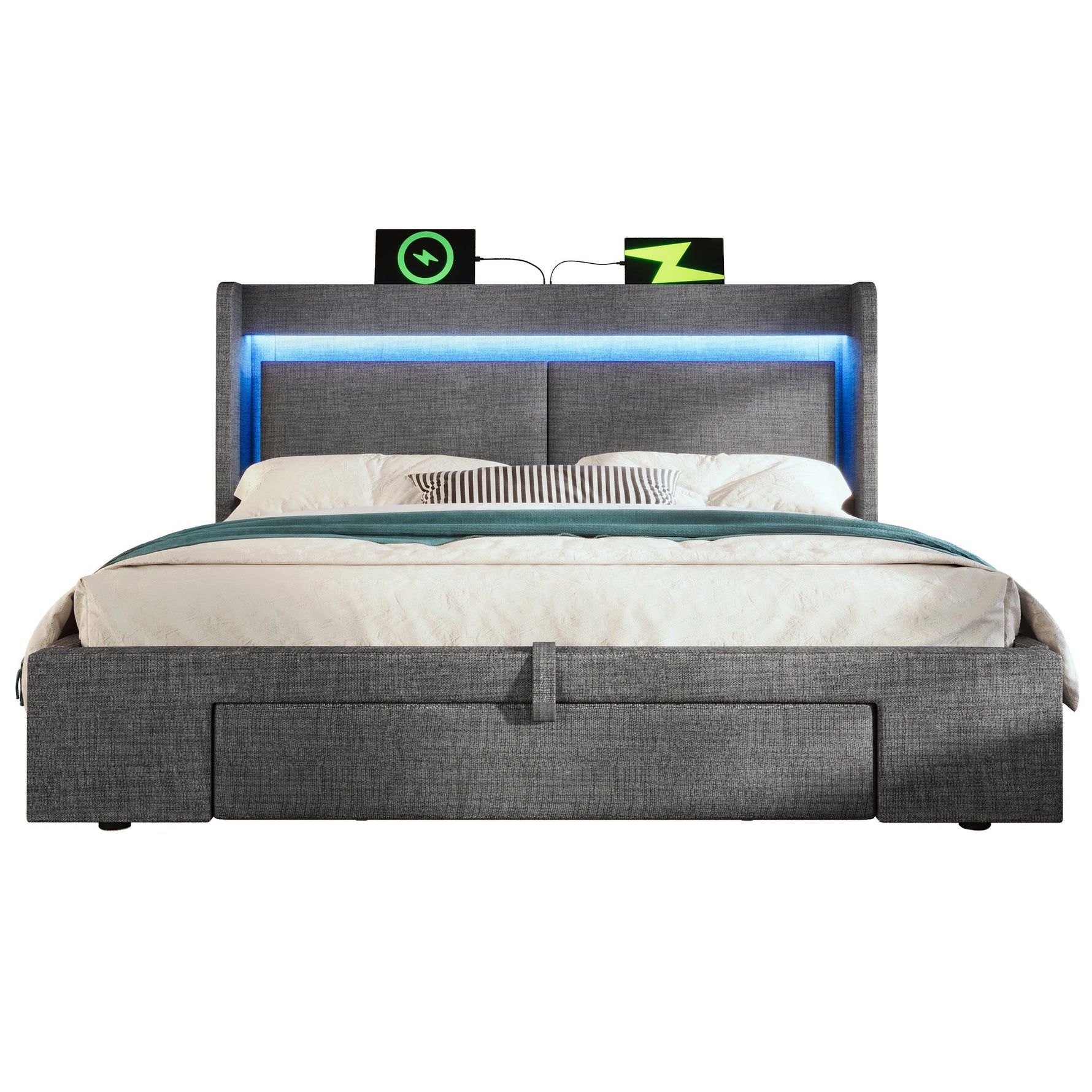 Upholstered Bed 180x200cm Hydraulic Storage LED USB/USB-C Headboard - Grey Linen