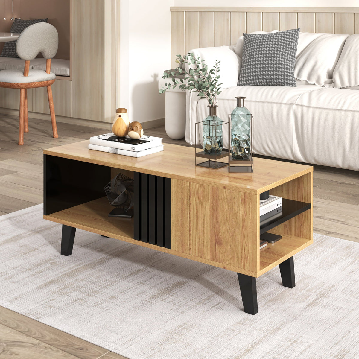 Coffee table with side table and drawer, versatile storage, wood and black design