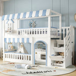 Bunk Bed with Staircase Storage and Decorative Windows, 90x200cm, White and Blue Pine + MDF + Plywood